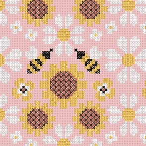 Large jumbo scale // Cross stitch daisies pansies sunflowers and bees // cotton candy pink background cross stitch spring flowers