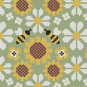 Large jumbo scale // Cross stitch daisies pansies sunflowers and bees // sage green background cross stitch spring flowers