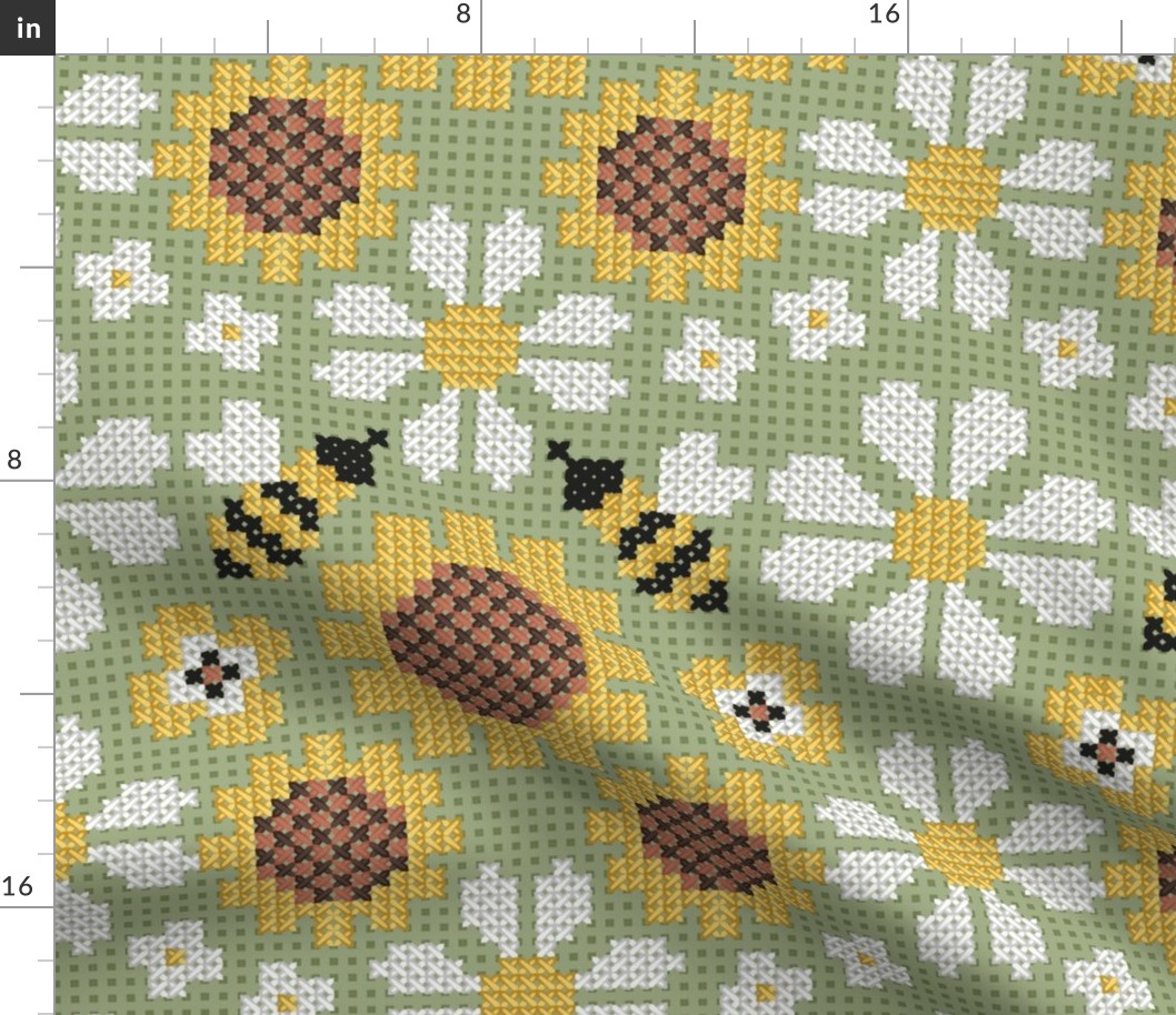 Large jumbo scale // Cross stitch daisies pansies sunflowers and bees // sage green background cross stitch spring flowers