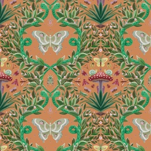 Luna moths, sneaky snakes and colorful insects adding magic into the damask print - medium scale.