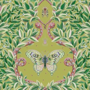 Quirky damask of luna moths, snakes and insects - olive green and pink - large.