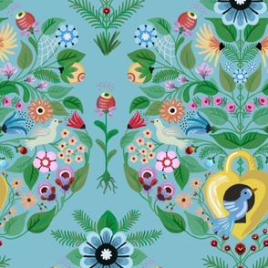 Folk art style graphical floral damask with birds , bird houses - quirky and graphical - large.