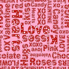 Bigger Scale Valentine Wordplay Love Hugs Kisses in PInk Red and White