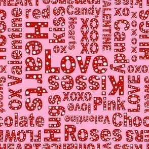 Smaller Scale Valentine Wordplay Love Hugs Kisses in PInk Red and White