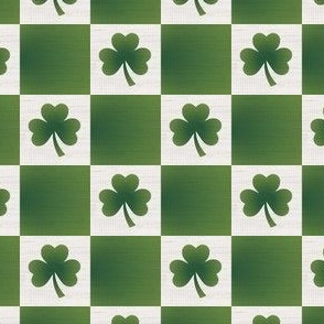 Saint Patricks Day Checkers with Shamrock, St Pattys Day Fabric Green Gradient  and White on Faux Linen Texture