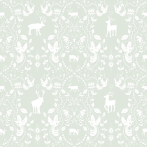 Scandinavian Folk Line Art Reindeer and Doves in Mint and White