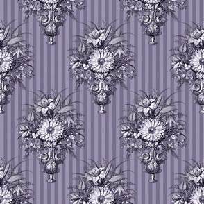 Victorian Vase Bouquets on Pinstripes in Royal Purple - coordinate