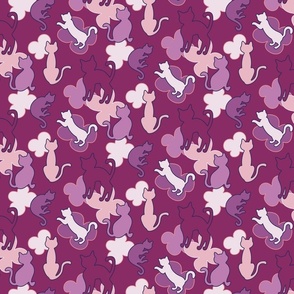 Multi color flowers & cats on magenta background // home decor fabric (small)