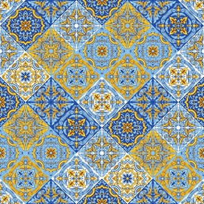 Pattern in Majolica Style. Blue and Gold Colors on White Art Print