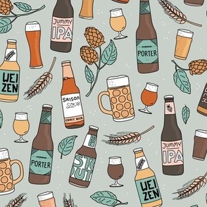 Cheers craft beer brewery bottles and glasses ipa weizen lager happy birthday party in blue green on soft sage