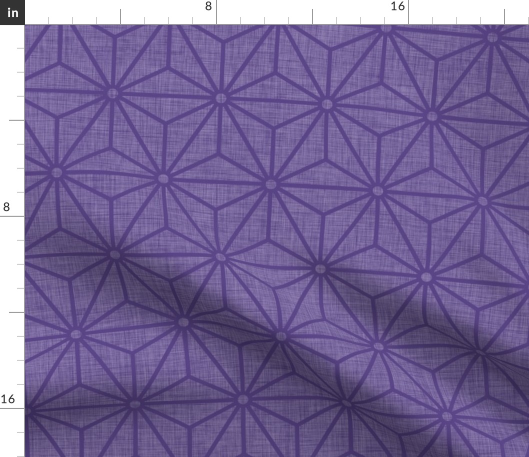 28 Geometric Stars- Japanese Hemp Leaves- Asanoha- Linen Texture on Grape- Lavender- Purple Background- Petal Solids Coordinate- Medium