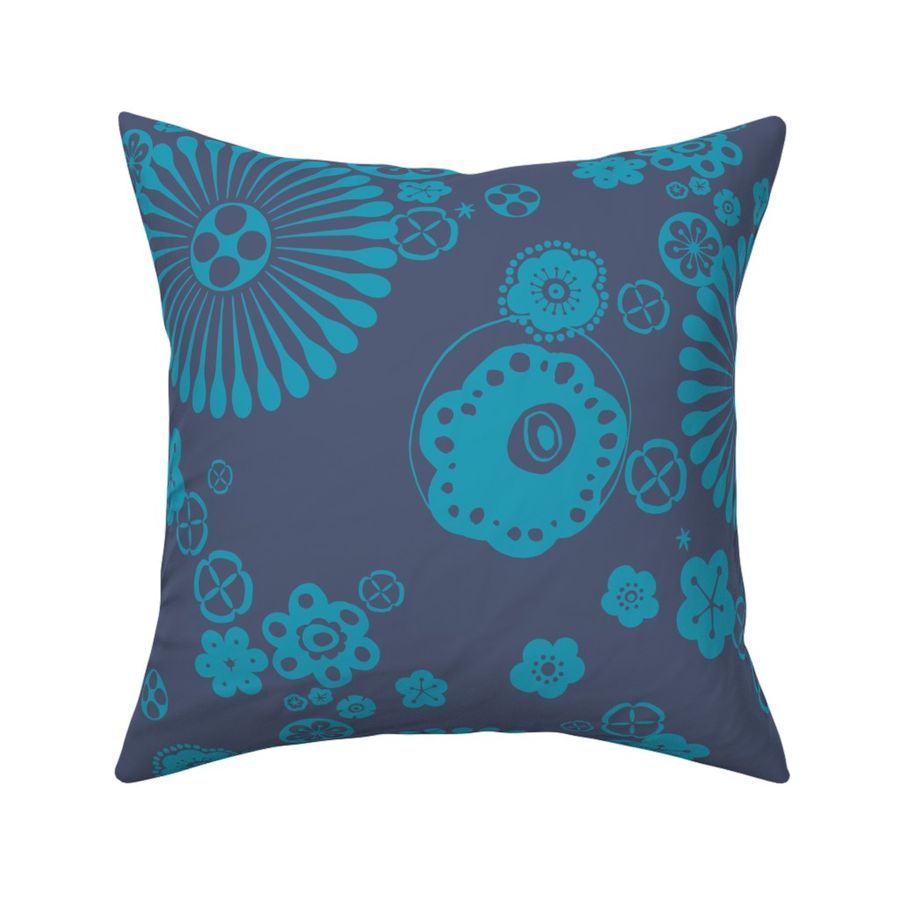 modern & bold, scattered geometric flowers-- teal on indigo