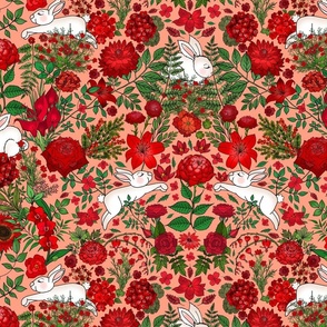 Restful and Raucous Rabbits in a Red Garden (peachy background) 