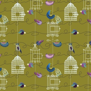 Whimsy Free Birds // Blue, Pink, Purple, Yellow, White on Flaxen
