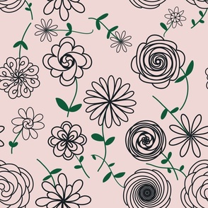 Black Flowers on Pale Pink Background 