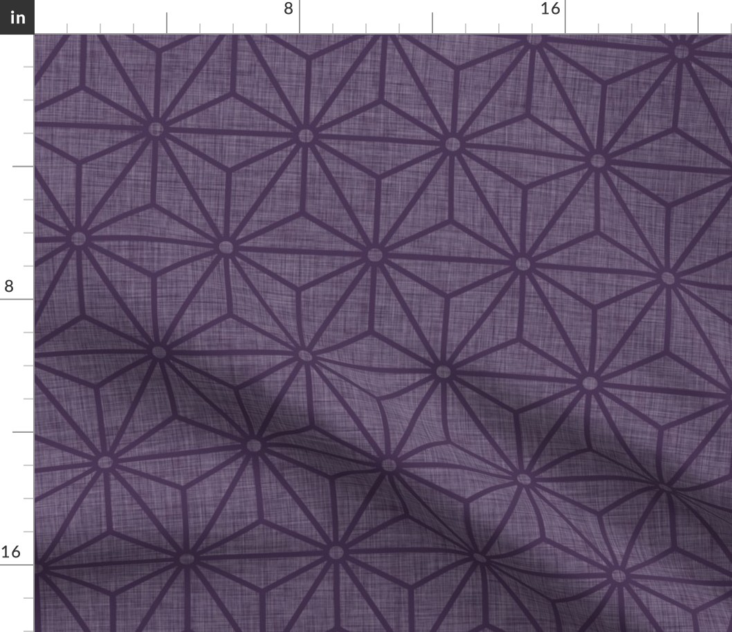 29 Geometric Stars- Japanese Hemp Leaves- Asanoha- Linen Texture on Plum- Lavender- Purple Background- Petal Solids Coordinate- Medium