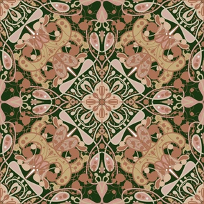 Emerald Green Background Beige Vintage Pink Design Symmetrical