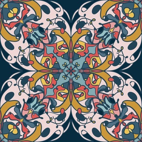 Navy Background Yellow Flowers Pink Symmetrical Pattern 