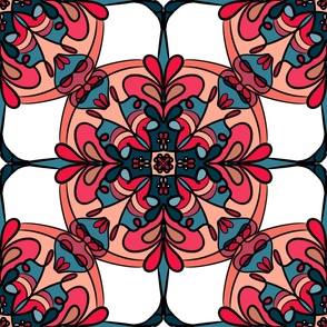Large Connected Flowers Pink Blue Red Squares Symmetrical 