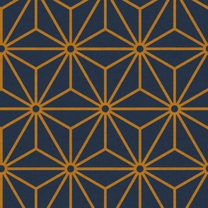30 Geometric Stars- Japanese Hemp Leaves- Asanoha- Desert Sun- Gold- Mustard on Navy Blue- Indigo Background- Petal Solids Coordinate- Large