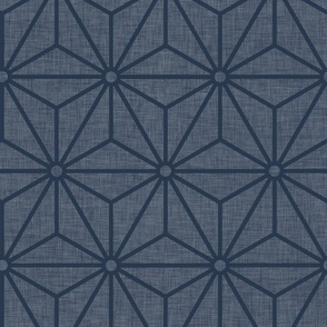 30 Geometric Stars- Japanese Hemp Leaves- Asanoha- Linen Texture on Navy Blue -Indigo Background- Petal Solids Coordinate- Large