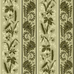 1880 Vintage Victorian and Art Nouveau Floral Stripes - Small Scale - in Sage Green