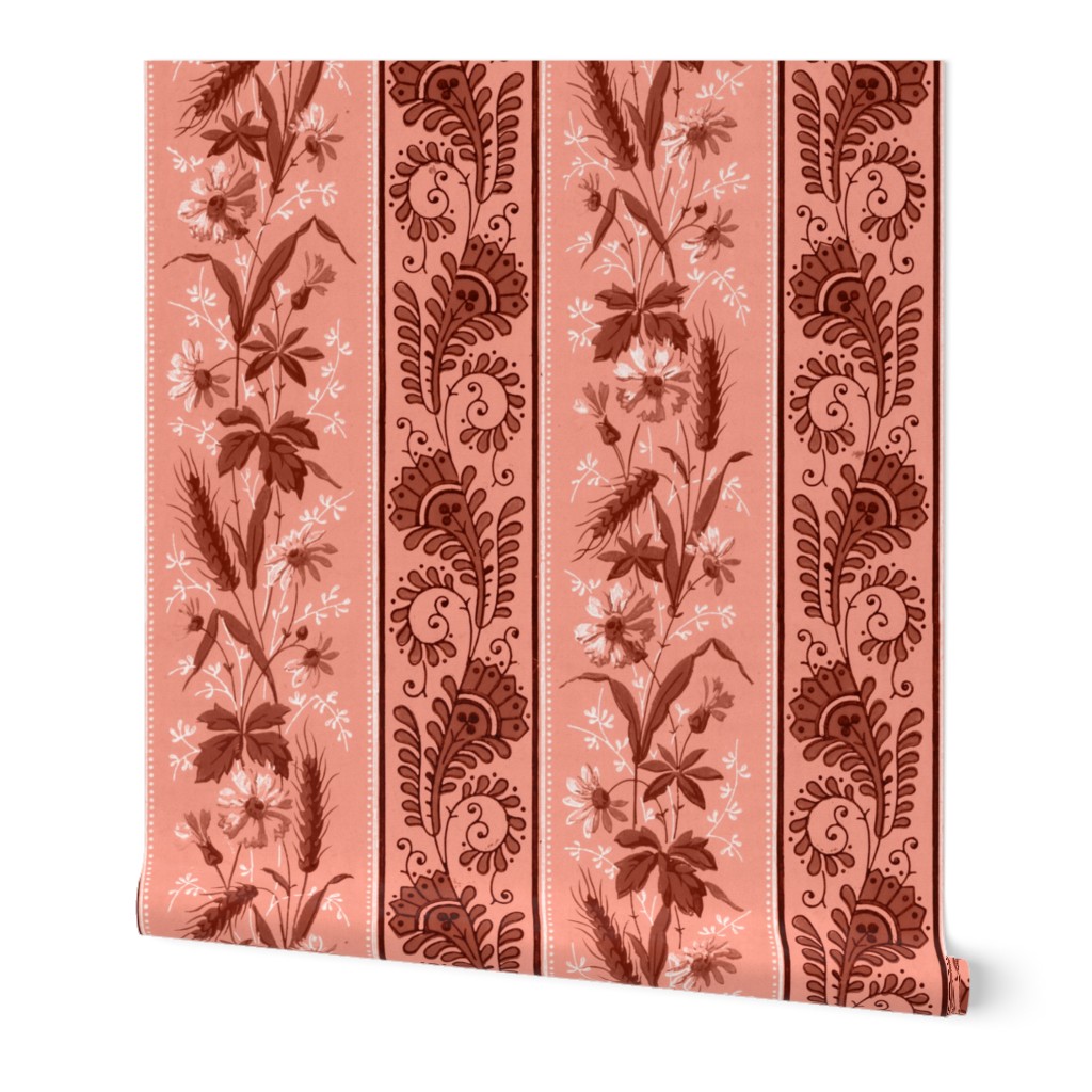 1880 Vintage Victorian and Art Nouveau Floral Stripes - Small Scale - in Aged Terra Cotta