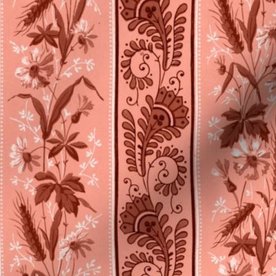 1880 Vintage Victorian and Art Nouveau Floral Stripes - Small Scale - in Aged Terra Cotta
