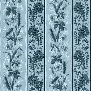 1880 Vintage Victorian and Art Nouveau Floral Stripes - Small Scale - in French Blue