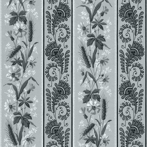 1880 Vintage Victorian and Art Nouveau Floral Stripes - Small Scale - in Regency Grey