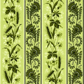 1880 Vintage Victorian and Art Nouveau Floral Stripes - Small Scale - in Titanite Green