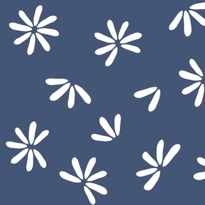 Daisy Petals hand drawn boho - white on Blue -  5” flowers
