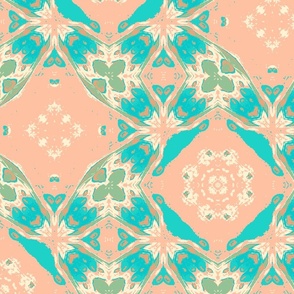 Mediterranean Sea side Italian Villa Wallpaper Elegant Vintage geometric floral tile turquoise aqua salmon pink 170