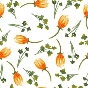 Watercolor Orange Flowers with Green Leaves on White (MEDIUM)