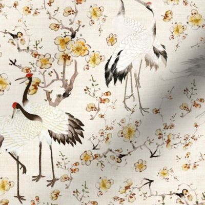 Antiqued hand painted dancing japanes cranes and yellow flower branches - Beige