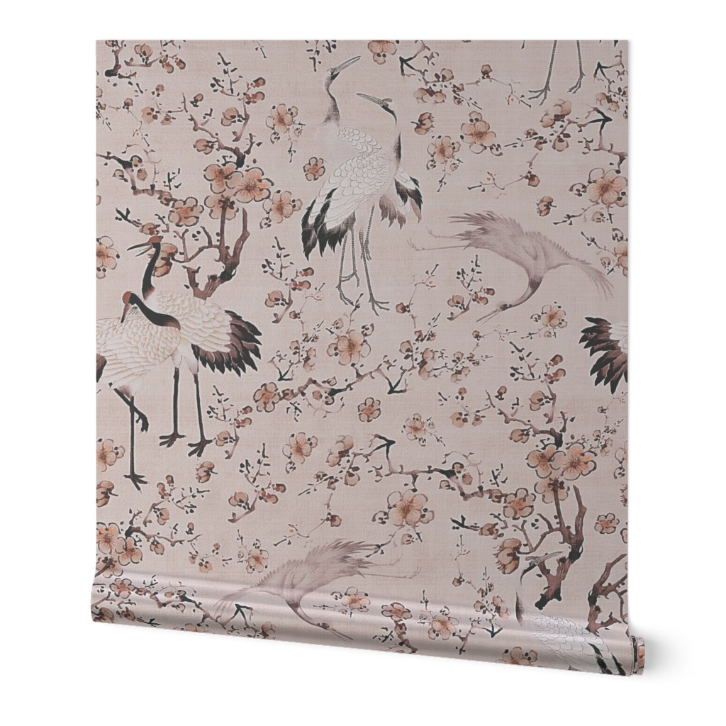 Antiqued hand painted dancing japanese cranes and yellow flower branches - rose gold