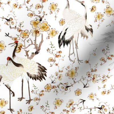 Antiqued hand painted dancing japanes cranes and yellow flower branches - white