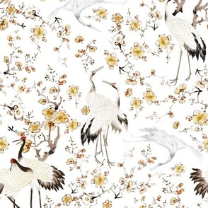 Antiqued hand painted dancing japanes cranes and yellow flower branches - white