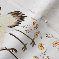 Antiqued hand painted dancing japanese cranes and yellow flower branches - off white 