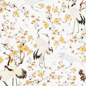 Antiqued hand painted dancing japanese cranes and yellow flower branches - off white 