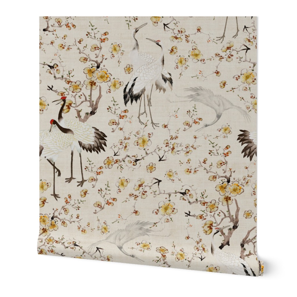Antiqued hand painted dancing japanese cranes and yellow flower branches - beige