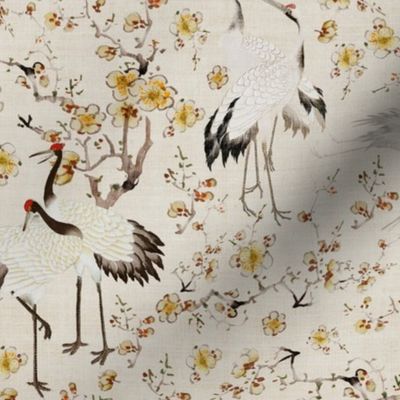 Antiqued hand painted dancing japanese cranes and yellow flower branches - beige