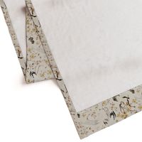 Antiqued hand painted dancing japanese cranes and yellow flower branches - beige