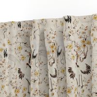 Antiqued hand painted dancing japanese cranes and yellow flower branches - beige