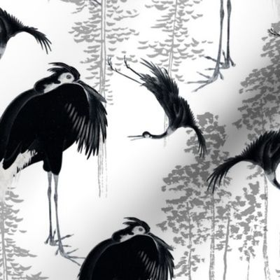 Antiqued  asian black hand painted cranes in forest - white linen  effect