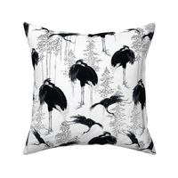 Antiqued  asian black hand painted cranes in forest - white linen  effect