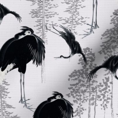 Antiqued  asian black hand painted cranes in forest - gray linen  effect