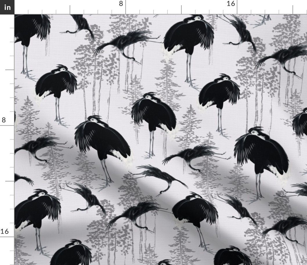 Antiqued  asian black hand painted cranes in forest - gray linen  effect