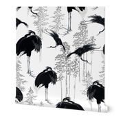 Antiqued  asian black hand painted cranes in forest - white