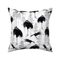 Antiqued  asian black hand painted cranes in forest - white